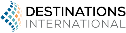 Logo of Destinations International, featuring a globe design with blue and orange squares on the left and the name in bold text on the right.