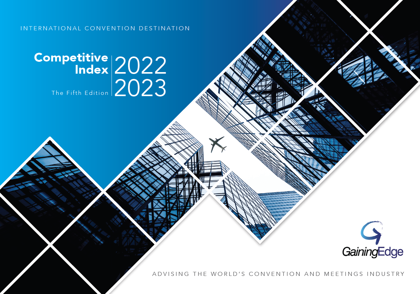 Cover of the Competitive Index 2022-2023, featuring abstract blue and black geometric design with skyscraper images and an airplane silhouette. Text includes "GainingEdge" and industry advisory.