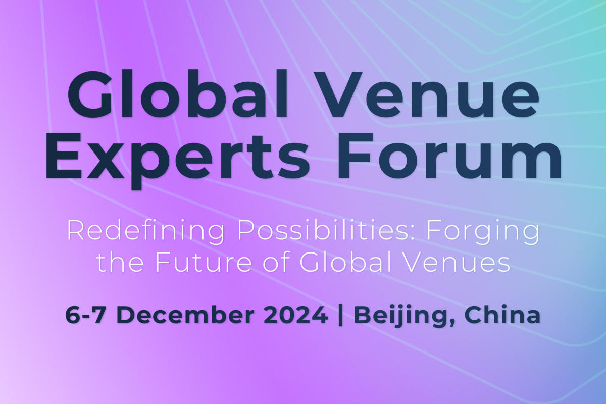 Text reads: "Global Venue Experts Forum: Redefining Possibilities. 6-7 December 2024, Beijing, China" on a purple and blue gradient background.